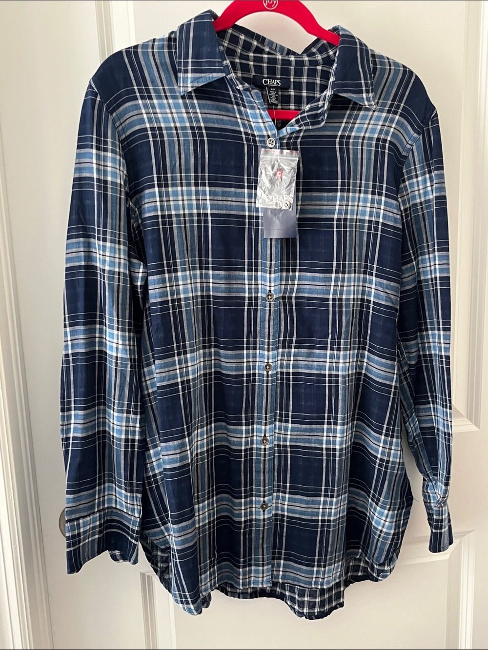 Chaps Boyfriend Blue Plaid Button-Down Cotton linen Shirt SZ L Coordinated Cuffs